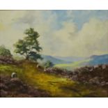 Moorland Sheep Grazing, oil on board signed Lewis Creighton (British 1918-1996),