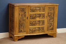 Oriental style carved wood sideboard, four drawers and two cupboards, W116cm, H82cm,