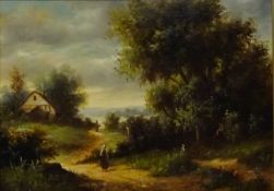 Figure Walking Along a Rural Path, oil on panel signed by John Pollins (American 20th century), 16.