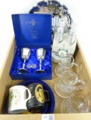 Three Dartington crystal 1977 Jubilee tankards, pack of four IND Coope commemorative lagers,