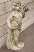Heavy reconstituted stone figure of spring boy with swallow in one hand,