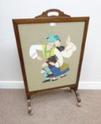 Oak fire screen with felt and embroidered Dutch scene,