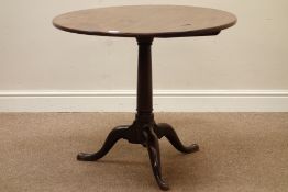 George III mahogany circular tilt top table, turned gun barrel column, three splayed legs, D79cm,