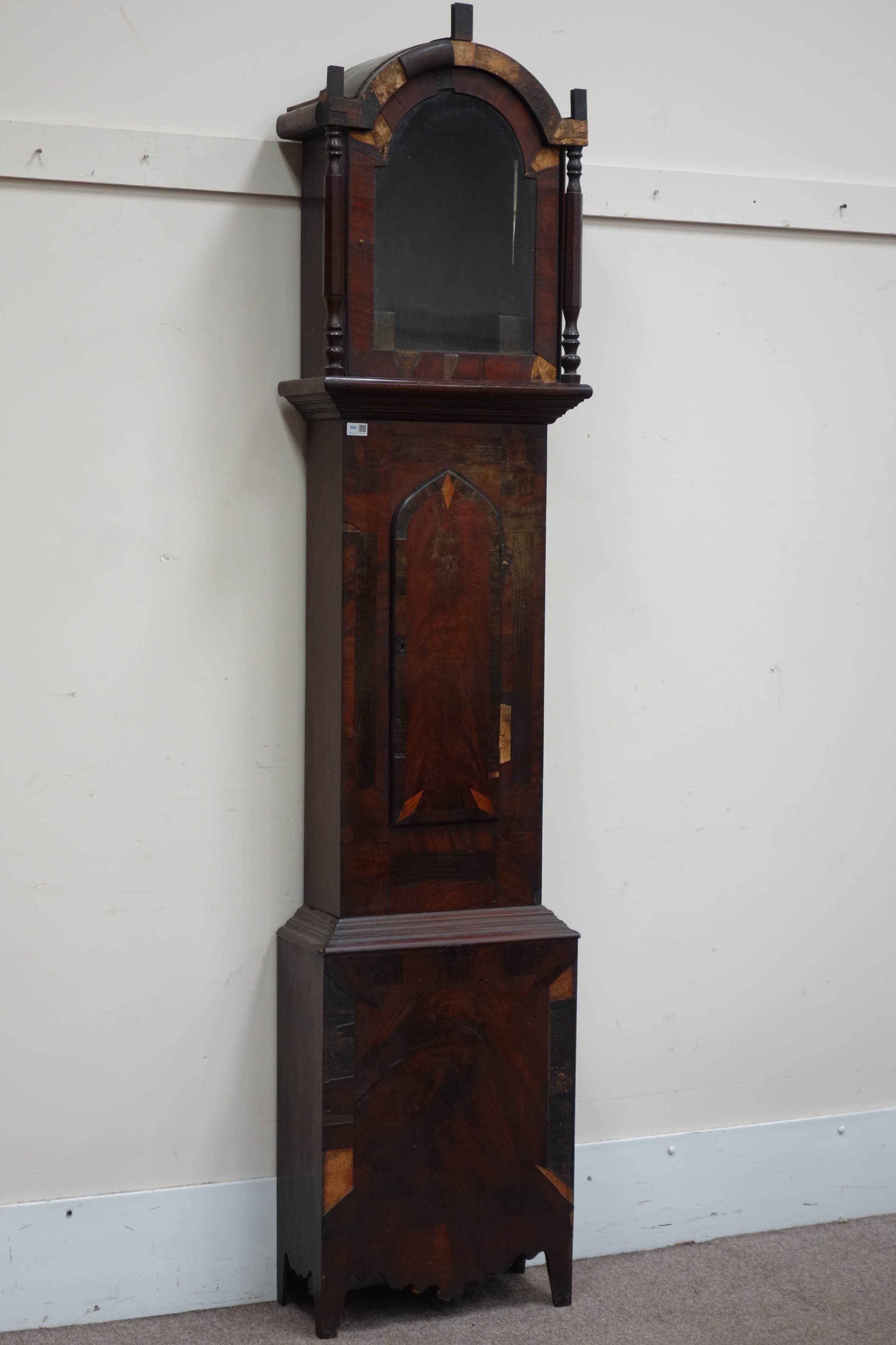 19th century figured mahogany longcase clock case, with rosewood inlays,