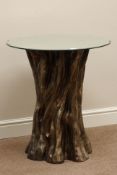 Circular bevelled mirror top table on tree trunk effect base, D64cm,