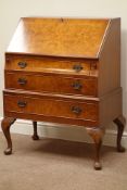 Reproduction figured walnut bureau, fall front above concave drawer, two other drawers,
