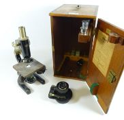 Prior London microscope with accessories in fitted case and a additional lens by Ross,