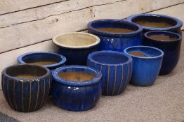 Nine blue salt glazed plant pots in various shapes and sizes Condition Report
