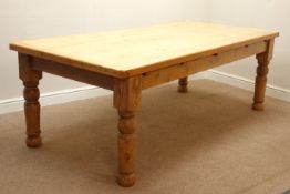 Large rectangular pine dining table, turned base, bread boarded top, 229cm x 105cm,