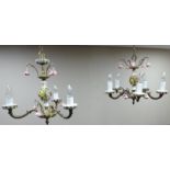 Two Continental gilt metal and flower encrusted chandeliers with porcelain rose drops and four