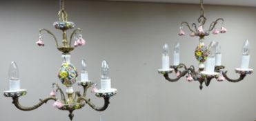 Two Continental gilt metal and flower encrusted chandeliers with porcelain rose drops and four