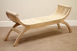 Curved x-framed solid teak bench, W125cm Condition Report <a href='//www.