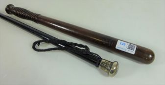 Ebonised walking stick with hallmarked silver handle and a Victorian truncheon embossed V.