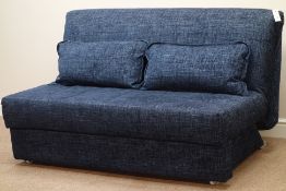 Two seat metal action sofa bed upholstered in navy blue fabric,