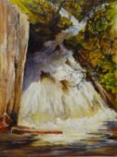 Waterfall with Deer, oil on canvas signed and dated '98 by Barbara Lady Brassey (British 1911-2010),
