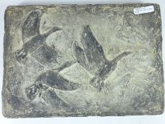 Moulded frieze of ducks flying, initialed and dated HS 77,