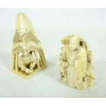 Two 19th/ early 20th Century ivory Netsukes depicting man under bamboo shelter,