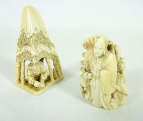 Two 19th/ early 20th Century ivory Netsukes depicting man under bamboo shelter,