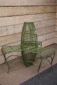 Green finish wrought metal garden trio bench, D110cm,