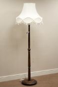 20th century turned beech standard lamp with shade,