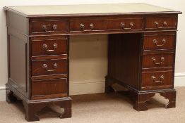 Reproduction mahogany twin pedestal desk, eight drawers, leather inset top, W123cm, H77cm,