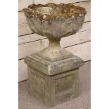 Composite stone four piece garden urn on plinth with scalloped rim H76cm Condition