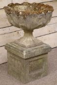 Composite stone four piece garden urn on plinth with scalloped rim H76cm Condition