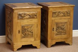 Oriental style carved wood pair bedside cabinets, W46cm, H65cm,