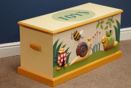 Painted toy box with carrying handles, W88cm, H42cm,