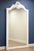 Large Louis XVI style white framed bevelled edge wall mirror with hand carved pediment,