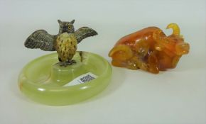 Early 20th Century cold painted bronze owl onyx base and a carved red jadeite cow