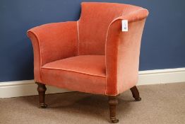 Victorian walnut framed reading chair, tub shaped with dropped arm, upholstered in dralon,