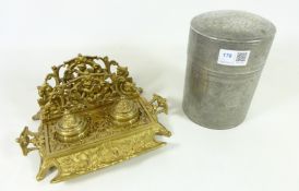 Brass desk stand and a oriental pewter jar with inner seal engraved with birds and flowers (2)