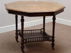 Victorian figured walnut octagonal centre table, scroll work inlays in boxwood and ebony,