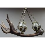 Red stag antler two lights fitting with bronzed chains Condition Report <a
