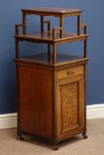Edwardian rosewood three tier coal compendium, fall front compartment with scrolling inlays, W41cm,