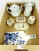 Crown Devon floral decorated cruet set on stand, toast rack, preserve jar and cover and shaped dish,