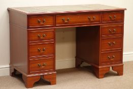 Reproduction mahogany twin pedestal desk, eight drawers, leather inset top, bracket feet, W122cm,