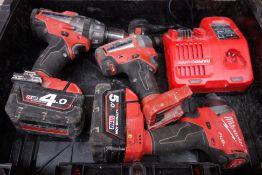 Milwaukee four piece cordless set in box and carry bag, M18CPD drill,
