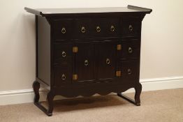 Chinese style black lacquered altar cabinet, seven drawers an central double cupboard, W102cm,