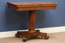 Regency period rosewood card table, swivel fold over top with baize lining, tapering column,