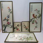 Five Oriental silkwork panels decorated with exotic birds max 90cm x 30cm (5) Condition