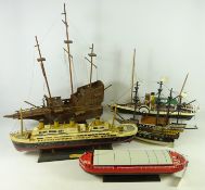 Two model wooden sailing ships, model paddle steamer,