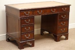 Reproduction mahogany twin pedestal desk, nine drawers, leather inset top, W121cm, H76cm,