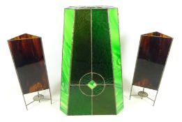 Leaded glass table light shade H41cm and a pair of coloured glass candle holders (3)