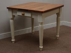 Small pine table, on painted base, single drawer, 85cm x 91cm,
