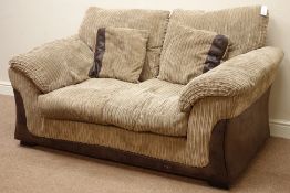 Three seat sofa (W185cm), and matching two seat sofa (W156cm), upholstered in two tone brown,