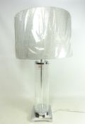 Large modern glass and chrome table lamp with tweed effect shade,