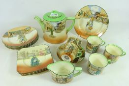 Royal Doulton Dickens ware tea ware including a 'Poor Jo' teapot, five tea cups,