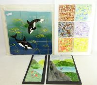Individual set of nine ceramic tiles for a ready to install mural, depicting Orcas playing in kelp,